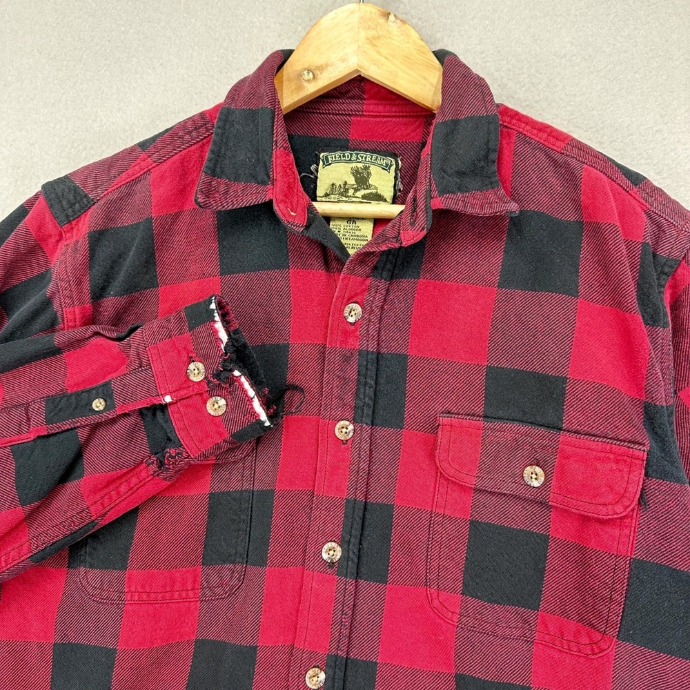 Thrashed Field & Stream Flannel Shirt Mens L-Tall Buffalo Plaid Long Sleeve Work